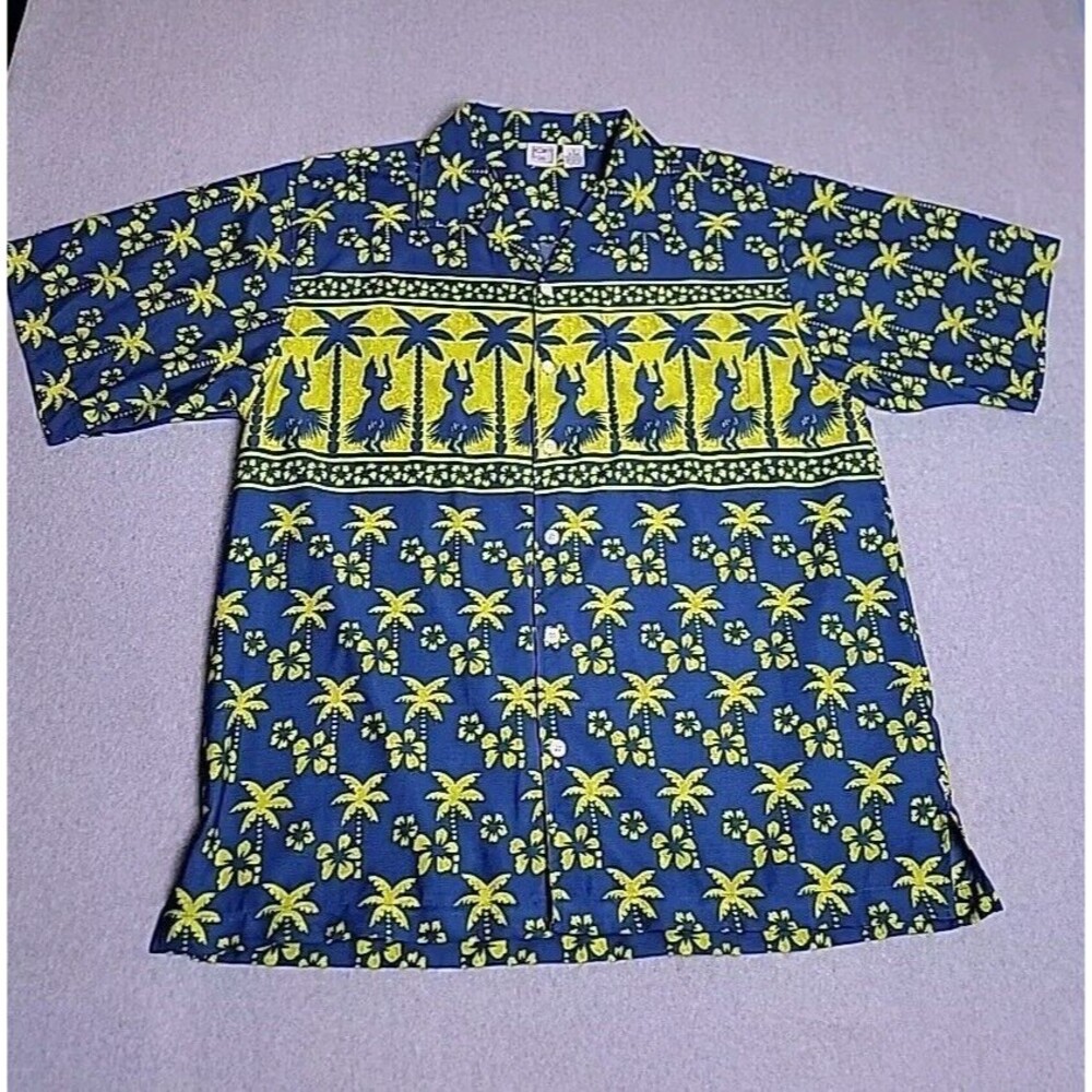 VTG OP Ocean Pacific Hawaiian Shirt Mens L Blue Green Girls Floral Palm Loop - Picture 1 of 12